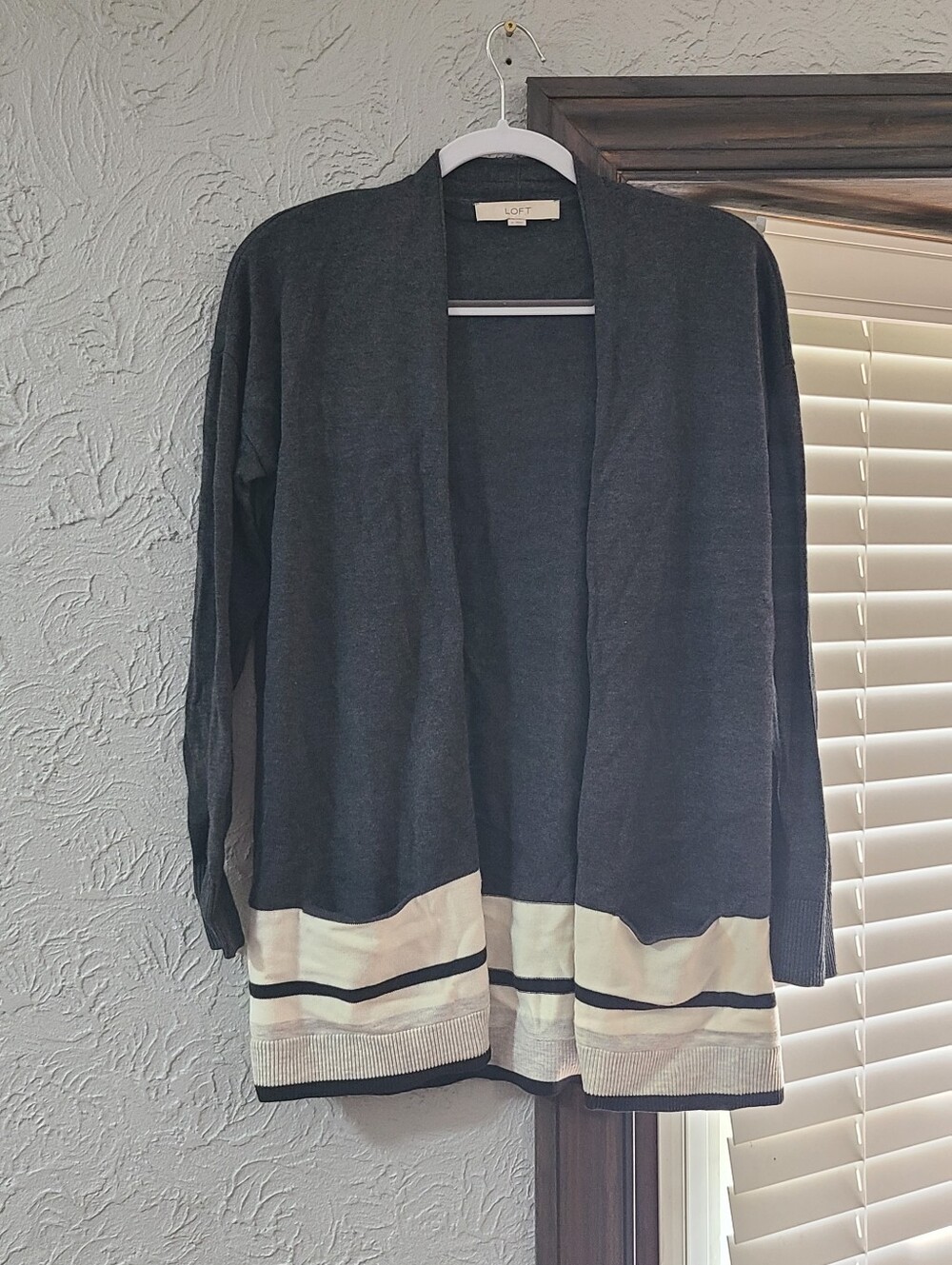 LOFT Charcoal Open-Front Cardigan with Cream Hem Stripes